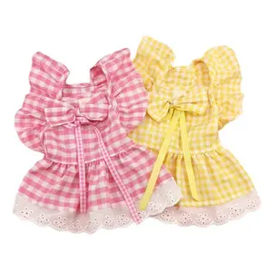 Pet Clothes Dog Cat Flying Sleeve Plaid Pattern Bowknot Summer Fancy Romantic Sweet Causal Comfortable Pretty Cute With Leash Ring D00124