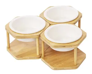 Set of 3 Single Elevated Cat Bowls, Ceramic Raised Cat Food Water Bowl with Bamboo Stand, Porcelain Pet Dishes Stand Feeder with Anti Slip Feet for Cats and Small Dogs, 13 oz Ceramic Bowl