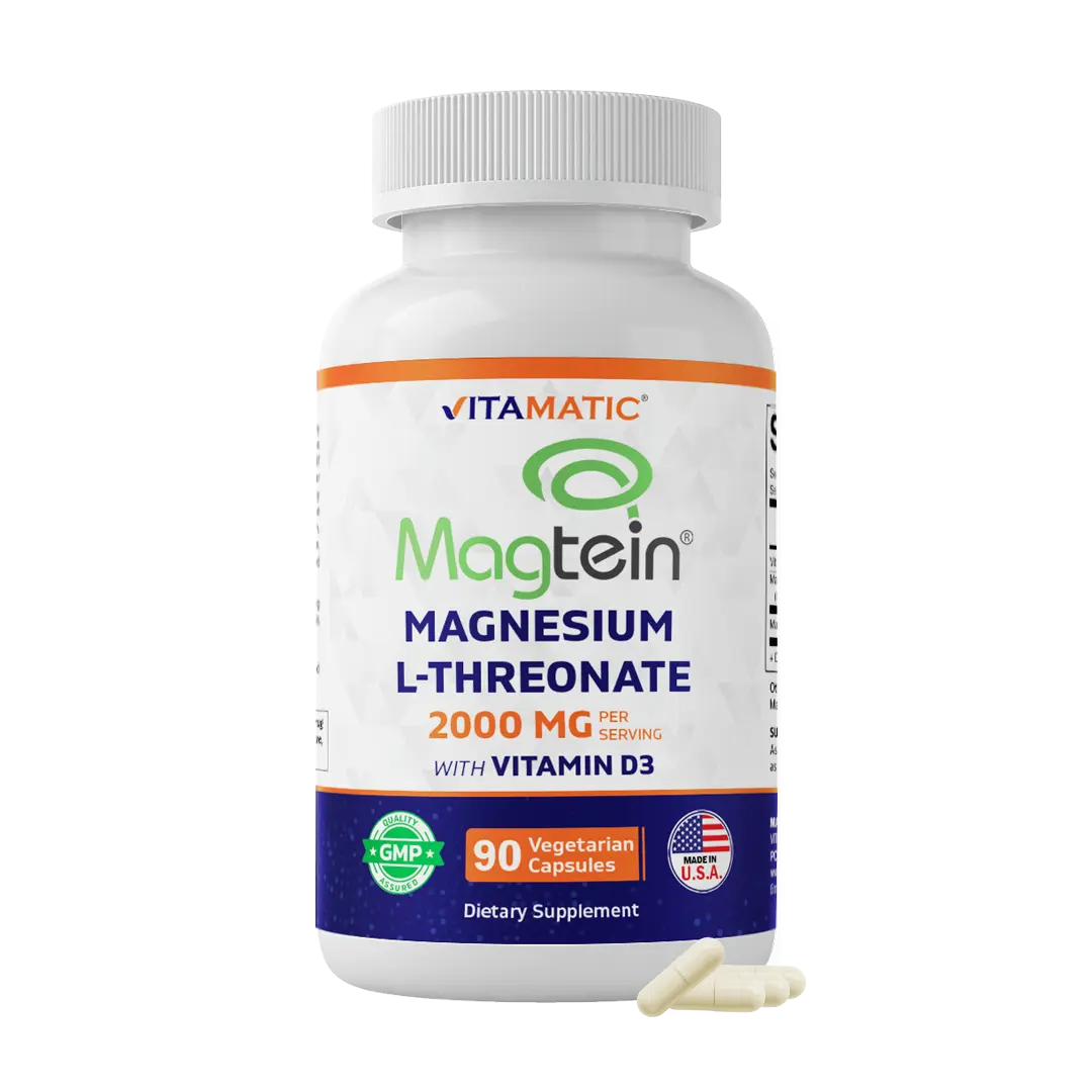 Vitamatic Magtein Magnesium L-Threonate 2000mg with D3 Vitamin Dietary Supplement - 90 Vegetarian Capsules, Brain Health & Energy Support, Highly Absorbable, Non-GMO, Gluten-Free, Made in USA Magnesium Supplement (Blended Vitamins & Minerals)