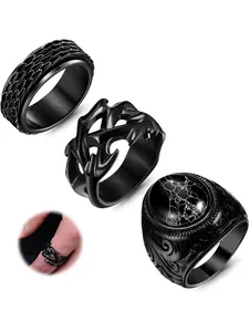 3 Pcs Black Rings for Men, Mens Stainless Steel Fidget Ring Rings Spinner Spinning Thumb Finger Ring, Retro Vintage Turquoise Stone Ring, Cool Punk Biker Ring, Punk Style Ring, Fashion Male Jewelry Rings, Size 7-15