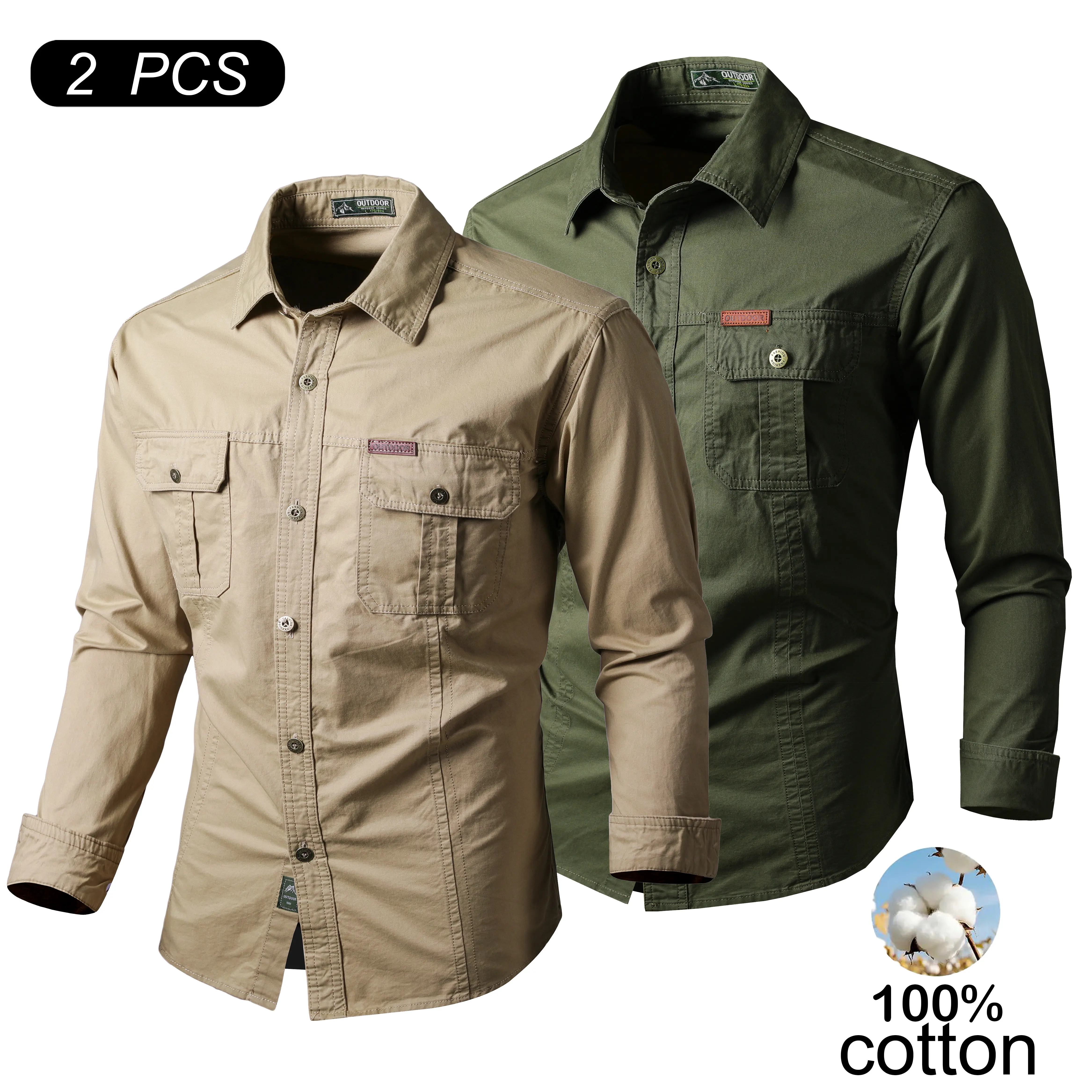 Veiskor 2 Pack Men's 100% Cotton Long Sleeve Cargo Shirts, Father's Day Gift High Density Wind Resistant Durable Work Shirts with Chest Pockets, Loose Fit Casual Outdoor Tops outing outfit lightweight breathable solid color style men