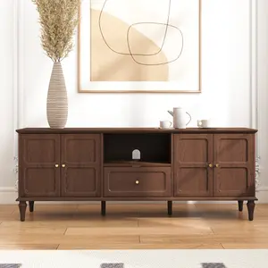 Mid - Century Modern 67 Inch TV Stand for Home Decor Enthusiasts, Stylish Entertainment Console with Ample Storage, Ideal for Living Room, Bedroom, and Media Room, Great for Organizing TV Gear and Home Decor Items, Durable and Space - Efficient dark wood