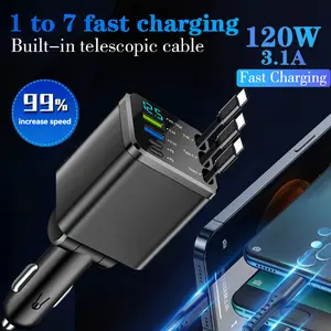 120W 7-in-1 Fast Car Charger – Retractable Cables, LED Voltage Display, Multi-Port 3.1A USB Car Charger for iPhone, Type‑C, and all devices