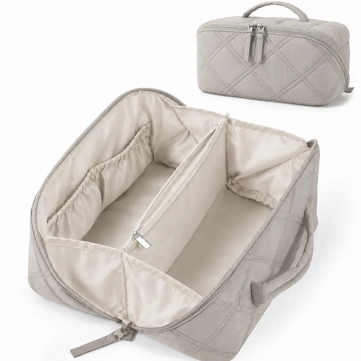 Quilted makeup bag for women, suitable for all seasons and travel; 180° wide-open toiletry cosmetic organizer with divided inner compartments; portable handheld waterproof makeup case for travel, bathroom, and everyday beauty storage.