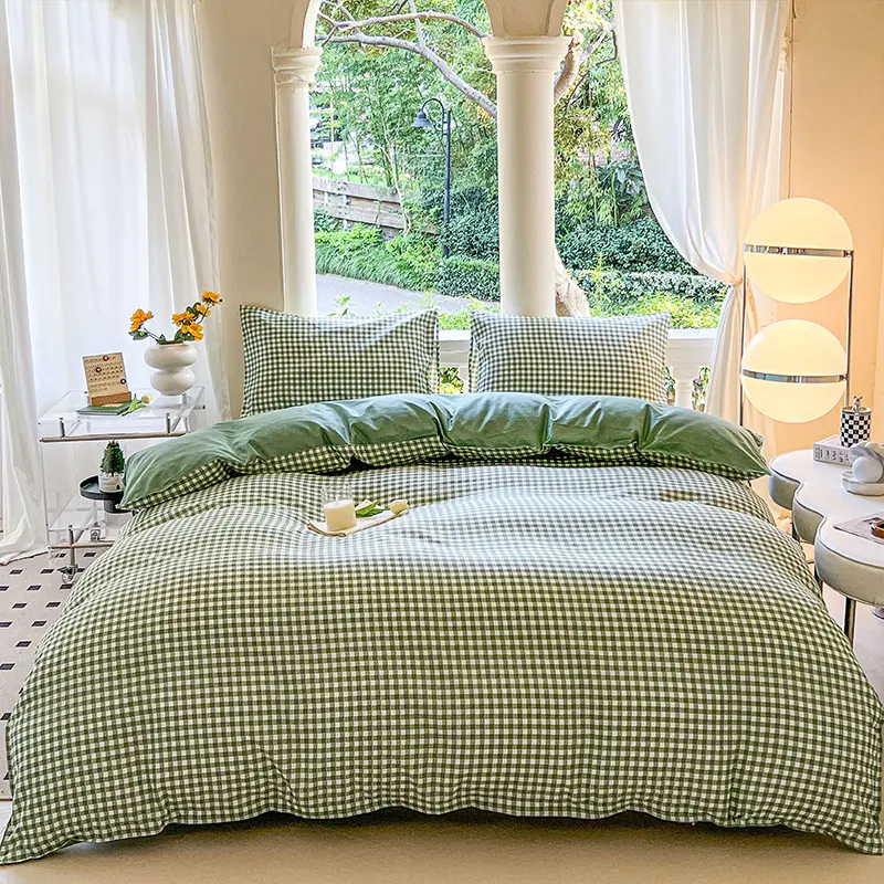 Blue White Plaid 4 Piece Bedding Set Soft Microfiber Duvet Cover Sheet Set Minimalist Checkered Bed Linen for Dorm Bedroom