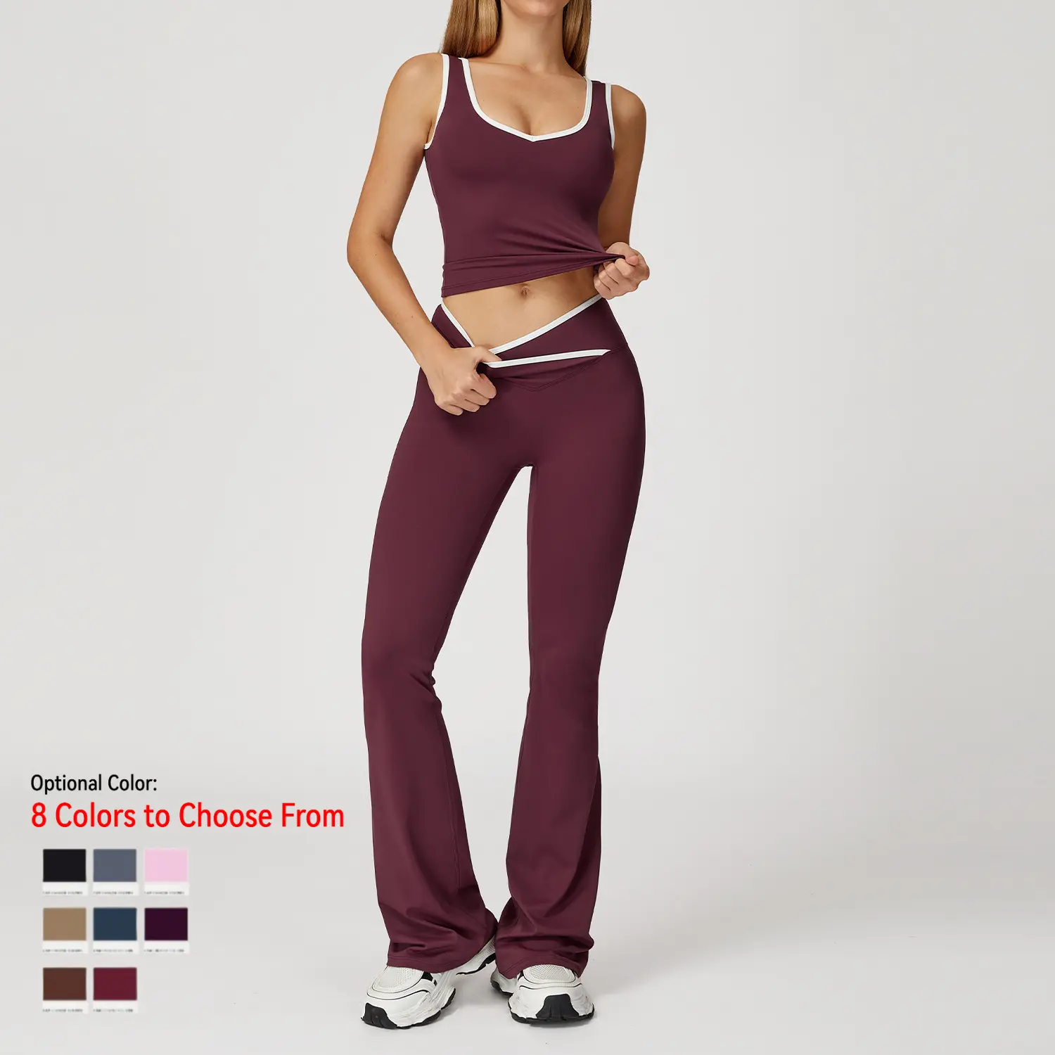 Two-Piece Color Block U-Neck PipedTank & Bell Bottom Set, Deep V-Back Cutout, Solves Trendy &Sculpting Need for Gym, Dance Occasions,loungeset women,comfort sweat set workout High Waisted Soft Breathable Activewear Sporty Style tracksuit