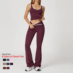 Two-Piece Color Block U-Neck PipedTank & Bell Bottom Set, Deep V-Back Cutout,Contrast Binding Detail, Solves Trendy &Sculpting Need for Gym, Dance & Chic CasualOccasions,loungesetwomen,sweatsuits women,comfort sweat set workout