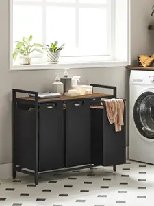 Laundry Hamper, Laundry Basket, Laundry Sorter With 3 Pull-Out And Removable Bags, 1 Storage Shelf, 10 Gal Capacity Per Bag, For Bathroom, Laundry Room, Ink Black And Rustic Brown