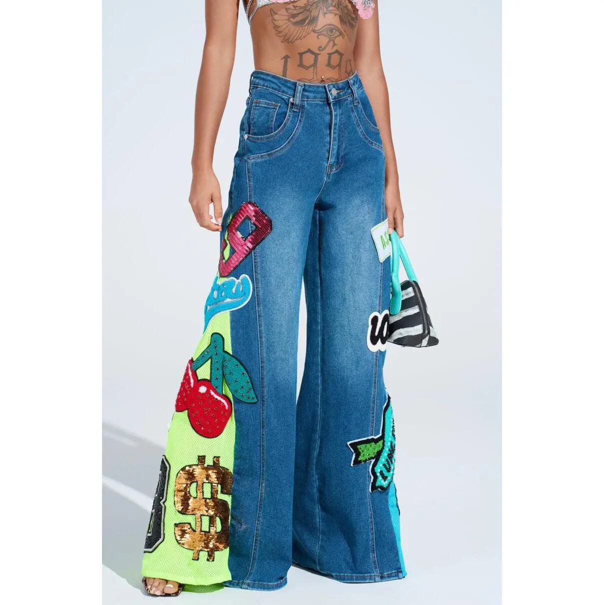 NOT SORRY PATCHWORK MEDIUM BLUE DENIM JEANS NOT SORRY PATCHWORK MEDIUM BLUE DENIM JEANS