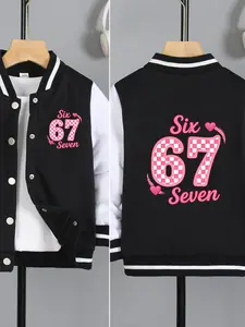 Suga Six Seven 67 Heart Pattern Checkered Printed Boys' And Girls' Spring/Autumn New Style Cool Baseball Jacket Sweater Coat, Fashionable, Casual, Comfortable, Daily Outdoor Versatile Outerwear, Ideal Gift Choice