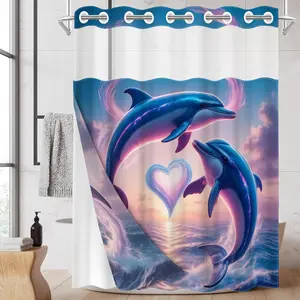 1pc 2D Flat Printing hookless shower curtain hanger liner Illustration of Dolphins with Heart Fabric waterproof lining shower curtain with transparent window, double-layer shower curtain, 71 x 74 inches, modern home curtain decoration