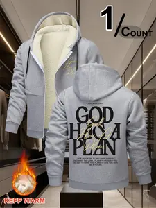Men's Warm Christian Fitted Long Sleeve Hoodie - "GOD HAS A PLAN" Design, Sherpa-Lined Jacket with Jeremiah 29:11 Bible Verse