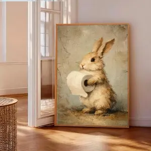 Vintage Rabbit Holding Toilet Paper Easter Print -Bathroom Wall Art -Funny Cottagecore Decor Unframed