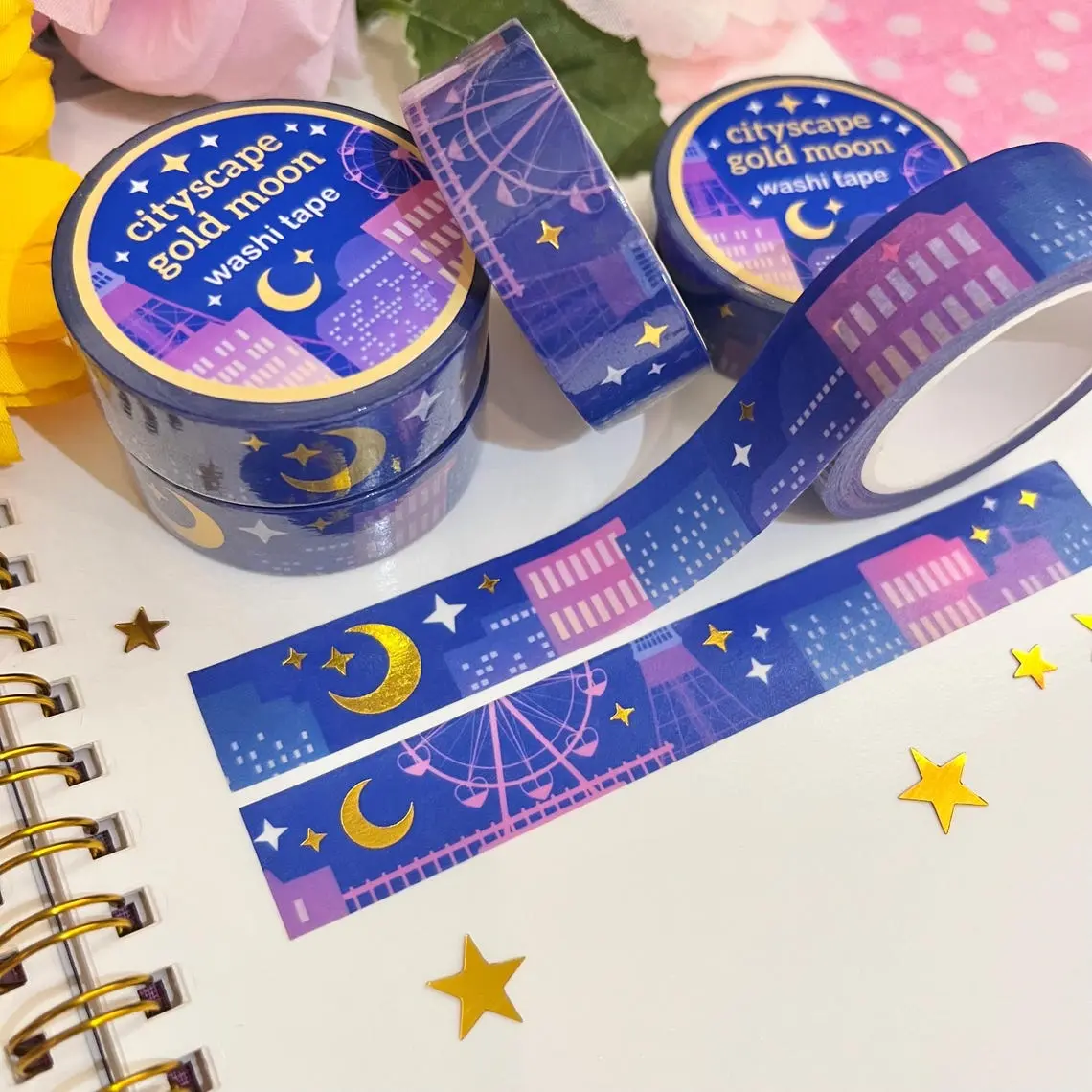 Cityscape Gold Washi Tape - Aesthetic Buildings, Ferris Wheel, Stars, Shiny Foil