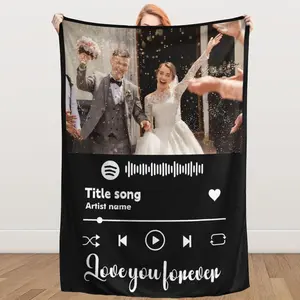Custom Blanket with Photos Text, Personalized Spotify Code Music Blanket, HD-Printing Flannel Throw Blanket for Couch, Birthday Gift Christmas Halloween Decor