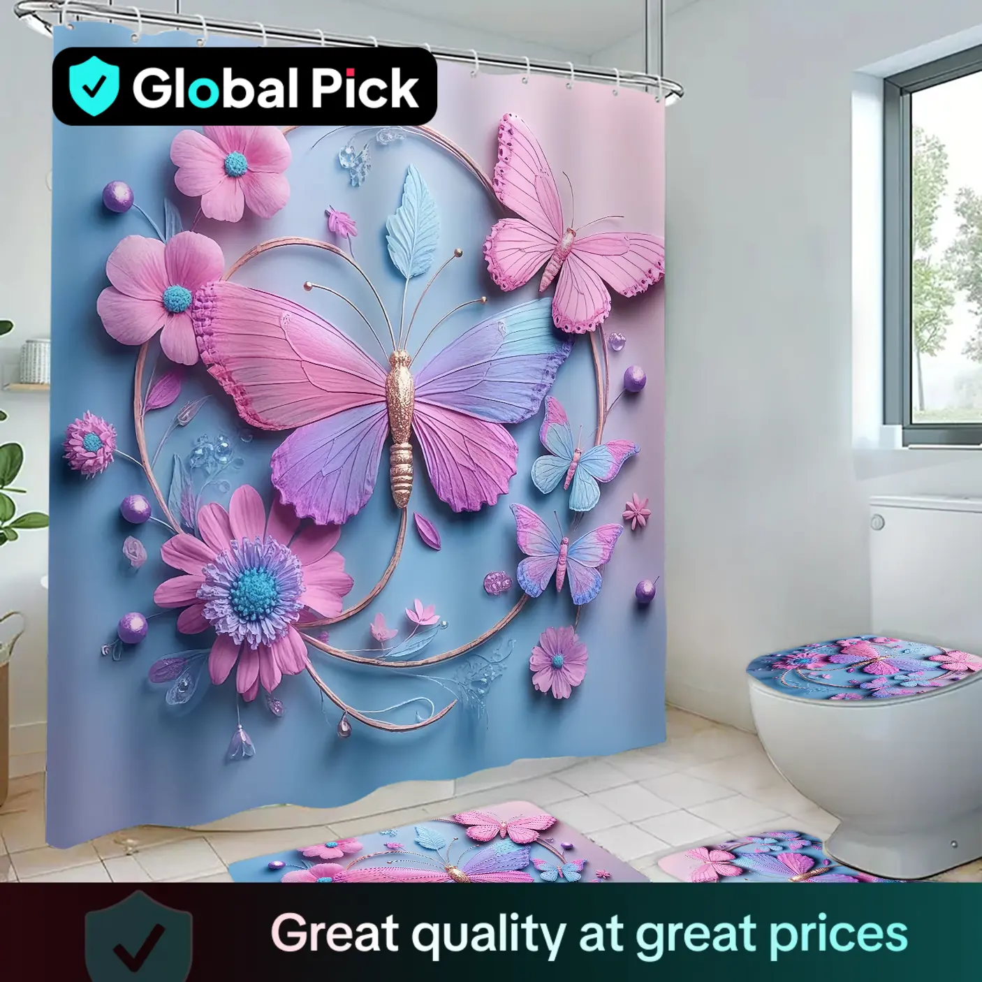 Luxury Butterfly Print Shower Curtain Set, Includes 12 Hooks, Ideal for Home Hotel Bathroom Decor