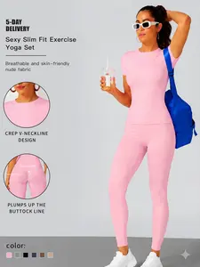 2-Piece Solid-Color Athletic T-Shirt Set Women's Sportswear Set, Slim-Fit RoundNeck Short Sleeves & High-Waisted YogaPants, Ideal for Gym Running OutdoorActivities,  Stretchy Suit Set, Fitness Outfits,Workout Running Outfits-8627 Sporty Crew Neck Sweat Su