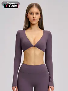 Women's Long Sleeve V Neck Design Yoga Top, Fashionable Short Sports Shirt for Outdoor Fitness & Running, Casual Cross-Border Workout Tee, Activewear, Fitness Tops, Yoga Clothes, Workout Sportswear