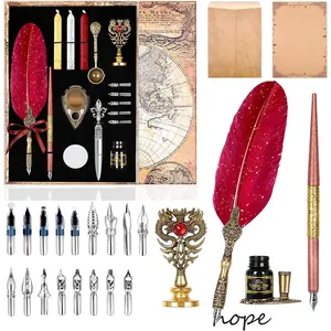 Quill Pen and Ink Set, Includes  Pen, Wooden Dip Pen, 17 Replacement Nibs, Pen Base, 3 Wax Seal Sticks, , White Wax, Spoon, Envelope Letter Paper, Envelope Tool (Red)