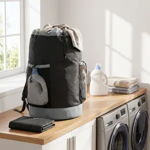 900D Oxford Portable Washable Drawstring Laundry Basket Backpack, 120L/150L Heavy-Duty Waterproof Carrier with Shoulder Straps & 2 Mesh Pockets, Home Supplies Accessory for College Dorms & Laundromats
