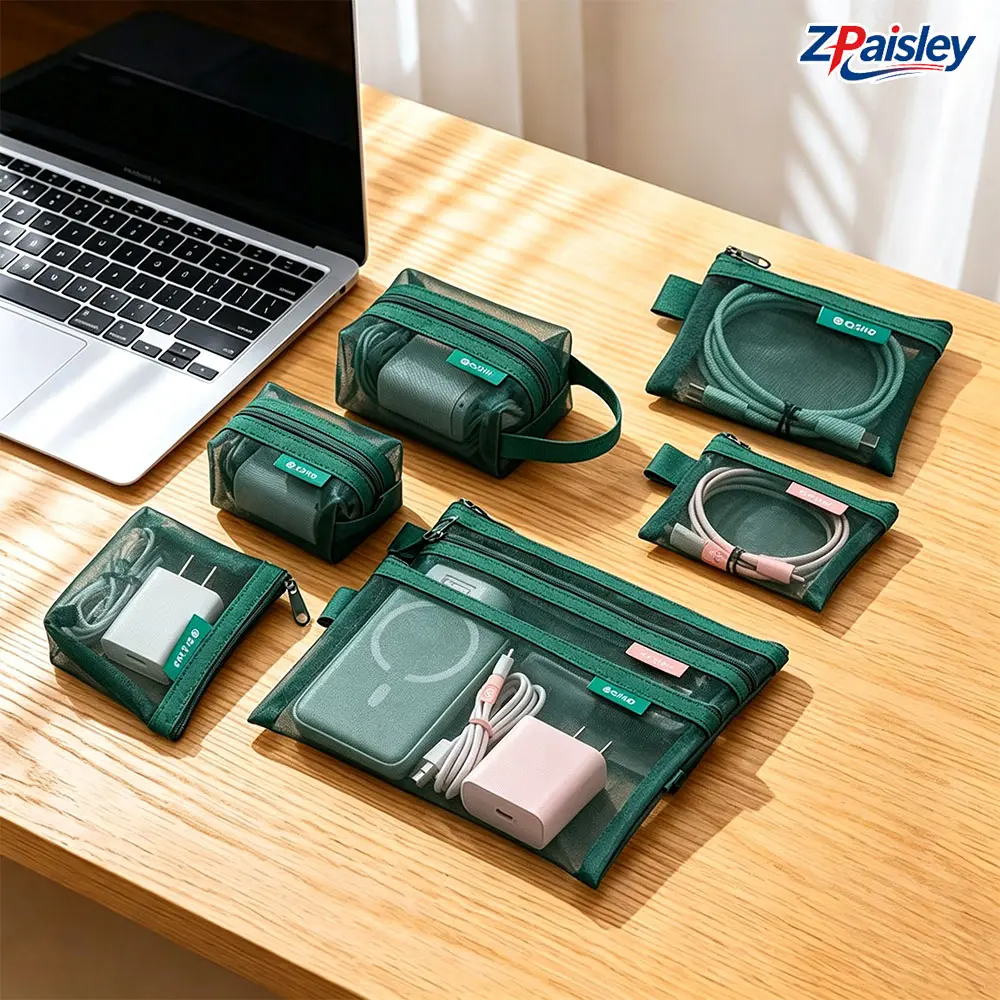 6Pcs Functional Universal See-Through Mesh Cable Organizer Set, Multi-Size Zippered Electronic Accessory Pouches, Lightweight Durable Tech Storage Bags for Chargers, Cords, Power Banks, Earphones (Bag Only) – Ideal for Gym, Travel