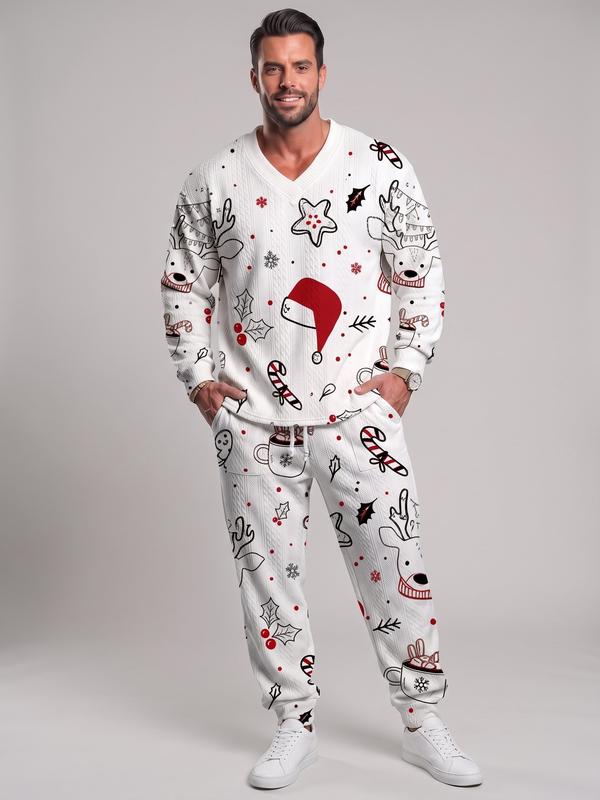 KZZ Top Men's 2-Piece Regular Fit Suit - Solid-Color Jacquard V-Neck Long-Sleeve Pullover with Pockets, Drawstring Waist Trouser, Spring Casual-Formal Outfit, Christmas Gift