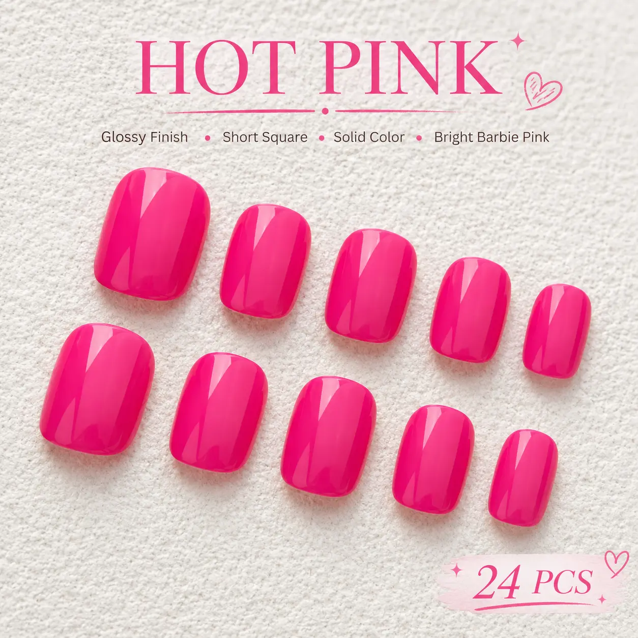 Hot Pink Press On Nails, 24PCS Short Square Glossy Neon Pink Fake Nails, Solid Color Bright Pink Stick On Nails for Vacation, Party, Date Night, Girls Night and Everyday Wear