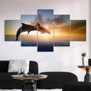 Dolphin Leaping in Sunset over the Sea Pattern Canvas Unframed Painting, 5 Counts/set Modern Art Poster, Wall Art Decor for Home Living Room Bedroom Office, Ornaments
