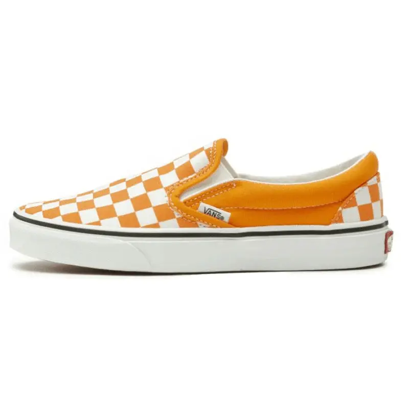 Men's Classic Slip-On Shoes with an Orange Suede Checkerboard Pattern, Casual Walking Footwear with a Padded Collar and Rubber Waffle Outsole