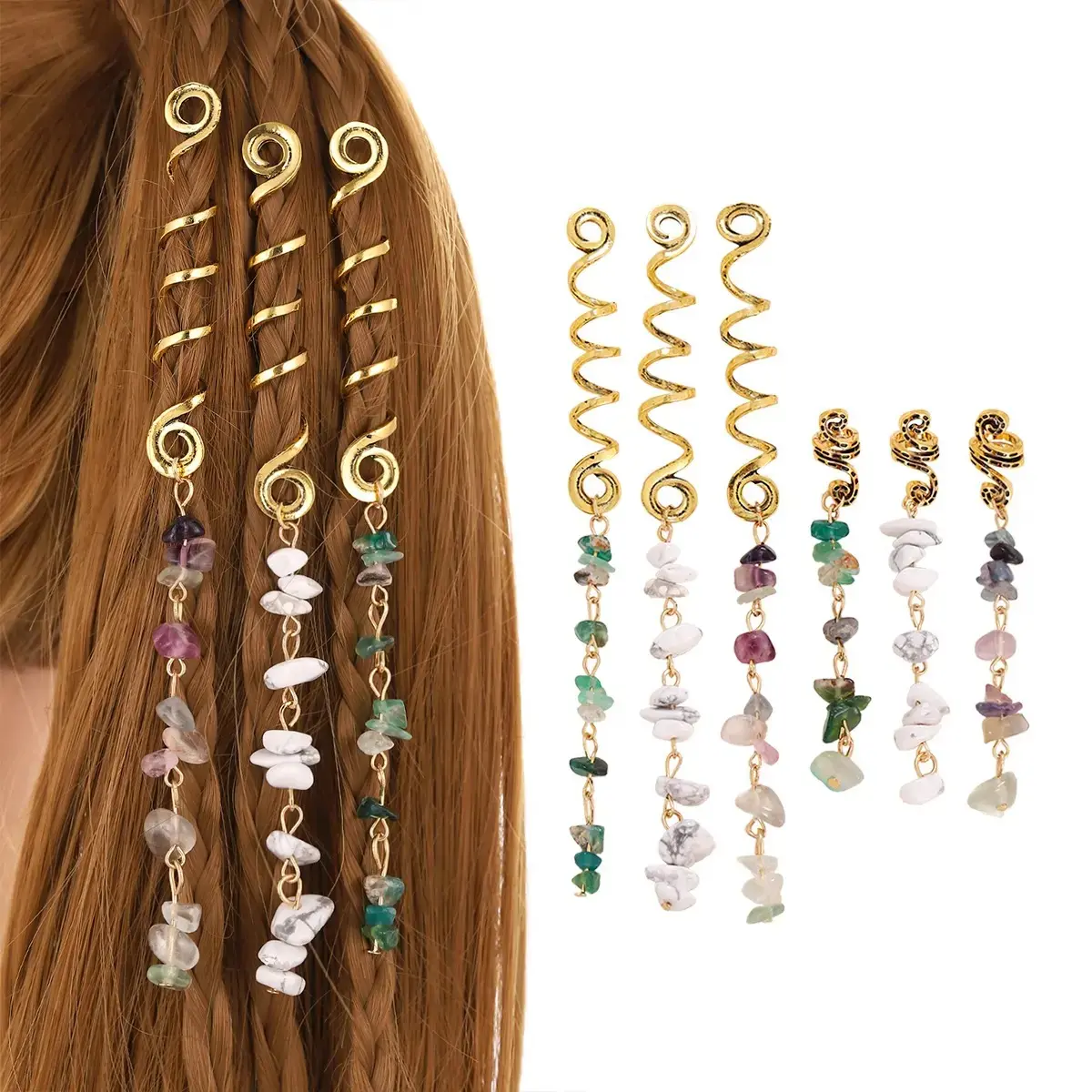 Humwam 6Pcs Gold Spiral Dreadlock Beads, Natural Stone Hair Charms with Crystal Pendants, Boho Hair Accessories for Braids, Festival & Daily Hairstyle Decor
