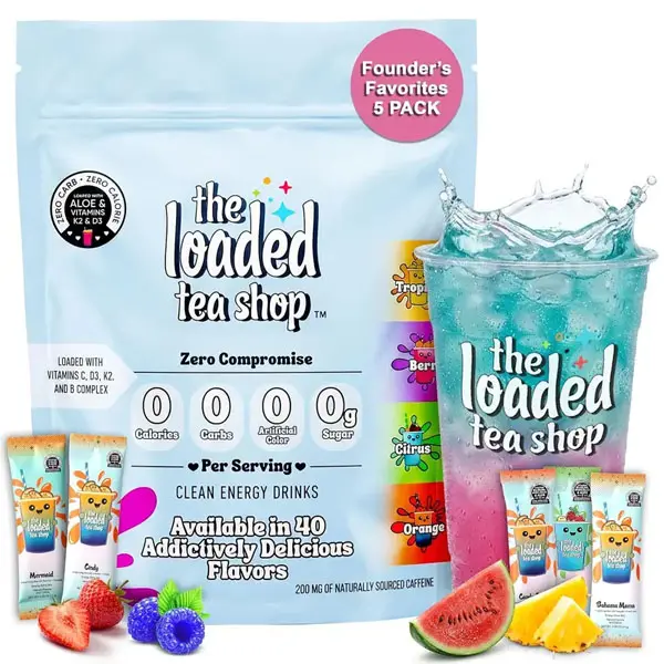 The Loaded Tea Shop Energy Drink Mix Sticks Founders Favorites 5 Pack Sugar-Free Zero Calories Energy