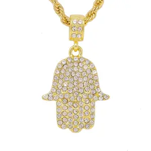 Iced Medium Hamsa Pendant, 4mm Rope Chain, 24" Length - Jeweled Pendant Necklaces