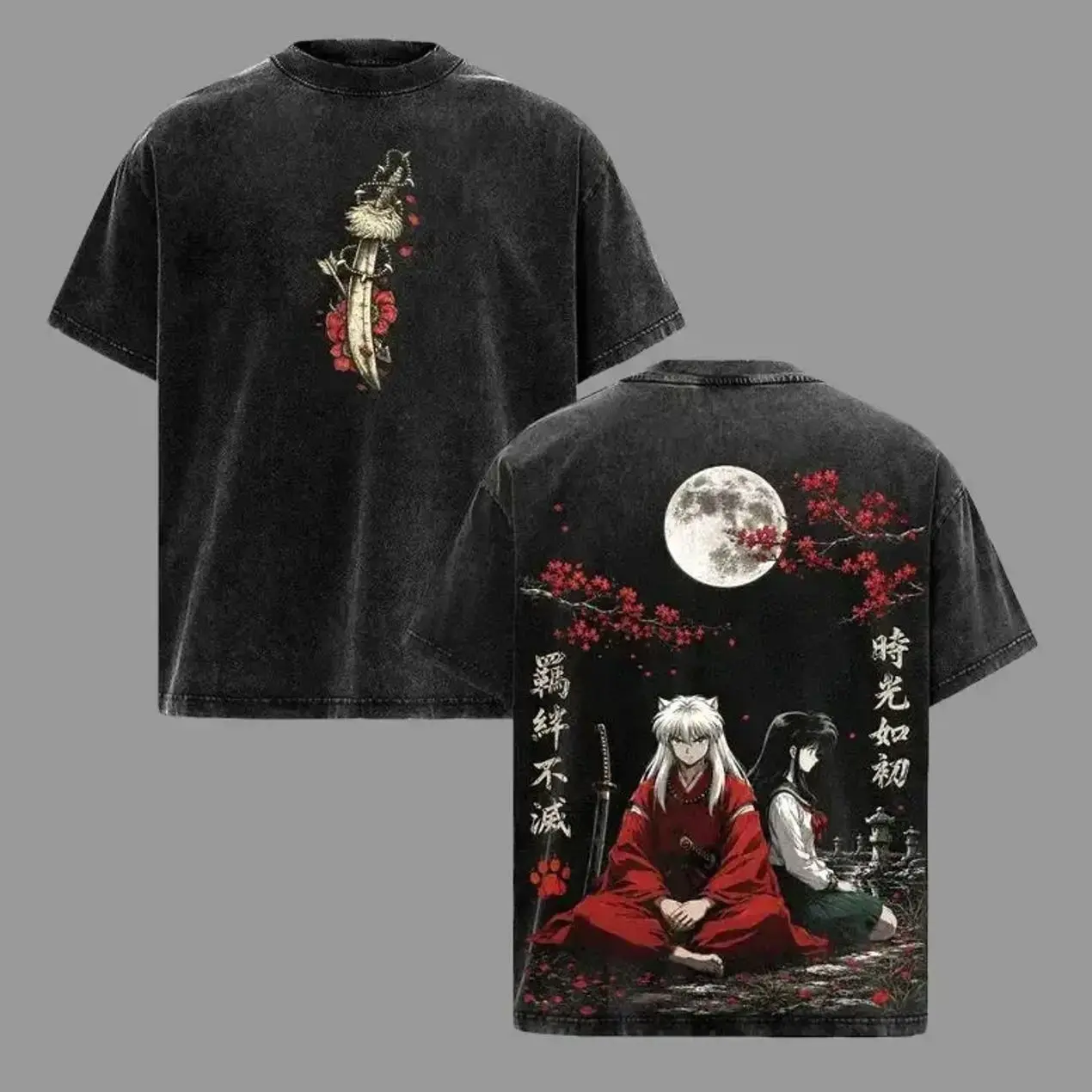 Men's Short-Sleeve Vintage Washed Inuyasha Anime Couple Graphic T-Shirt - Retro Japanese Manga Streetwear, Oversized Heavy Cotton Unisex Apparel, Gift for Adults L8S