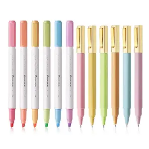 12 Pcs Aesthetic Highlighter and Ballpoint Pen Set - 6 Pastel Highlighters & 6 Color Ballpoint Pens