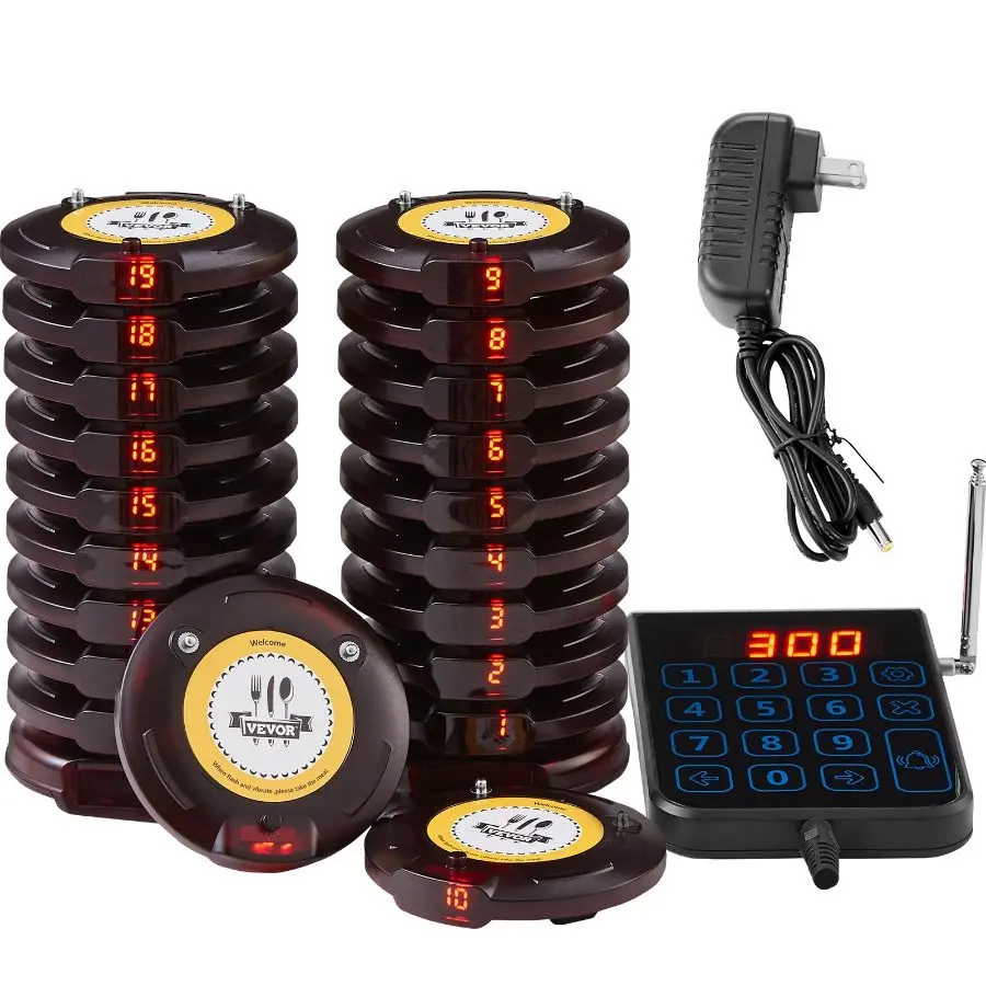 VEVOR Wireless Queue Call Beeper Set, 500m Long Range Restaurant Guest Calling System with Audible Alert, Vibration, Flashing LED, 20 Buzzers & 20 Handsets for Hospital Use