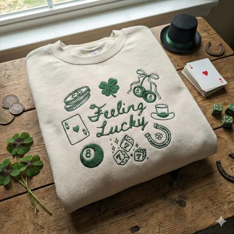 Embroidered Feeling Lucky Shirt, St Patricks Day Sweatshirt, St Patty's Day Shirt, Y2K Trendy Hoodie, 2000s Tee, Lucky 7 Shirt Coquette,St. Patrick’s Day Irish Crewneck, 90s Coquette Lucky Charm Pullover, Aesthetic Dice & Ribbon Holiday Top