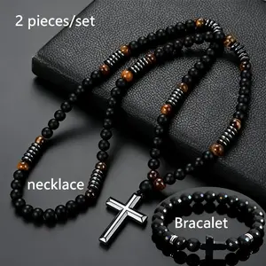 2PCS Bohemian Style Cross Set for man & women-Matte Black & Tiger Eye Stones, Natural Stone Necklace & Bracelet,Versatile for Daily Wear & Formal Events