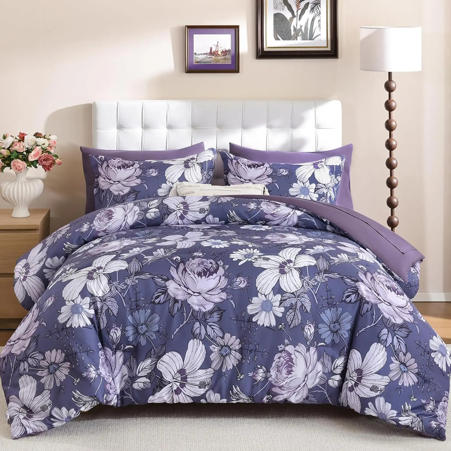 7-Piece Grayish Purple Floral Bedding Set - Soft Synthetic Microfiber Comforter & Sheet Set, All Seasons Bed in a Bag for Bedroom Decor & Farmhouse, 90"x90" (Quantity per Pack:7 Pieces), Breathable