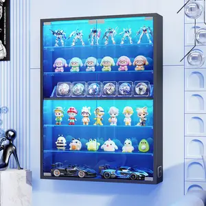 MIIFUNY 6-Tier Wall Display Case with Glass Doors, LED Display Cabinet with Adjustable Glass Shelves, Display Case for Collectibles, Black