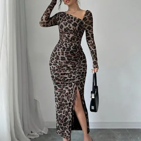 Women's Leopard Print Elegant Ruched Design Drawstring Split Thigh Bodycon Dress, Elegant Fashion Dress, Chic Elegant Fit, Elegant Asymmetric Neckline Long Sleeve Dress for Party Club Dating Wear, Women's Clothing for Summer Valentine's Day, gift
