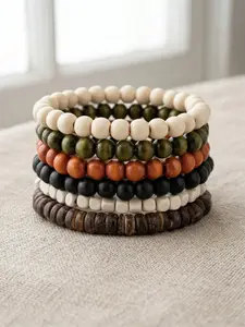 Bohemian-Style Wooden Bracelet Stacking Set | 6-Piece Earth-Tone Elastic Beaded Combination | Unisex Natural Jewelry Essential | Perfect for Layered Styling