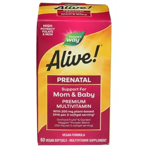 Nature's Way Alive! Prenatal Multi - 60 Vegan Softgels with Plant-Based DHA for Mom & Baby Support, High Potency Folate & Iron, Gentle on Stomach