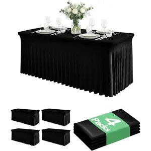 4 Pack Spandex Table Cover Skirts for 6ft Rectangle Tables, Black Stretch Table Cloths with-Length Ruffle, Elastic Fitted Skirted Tablecloth for Elegant Wedding Banquet Buffet Decoration