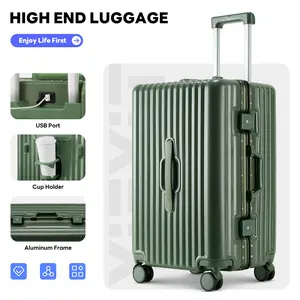 USB charging port, cup holder, and multi-functional phone mount. Expandable PC+ABS durable suitcase with spinner wheels and TSA lock. Unisex travel suitcase in 20/24-inch sizes. Luggage Set with Hook Lightweight Set with USB Port uuh