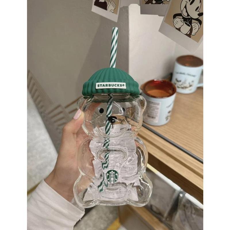 2026 Starbucks Barista Bear Cup Limited Edition Glass Cup Xmas Gift 503 ml R Green Tumbler with Straw Bottle Drink