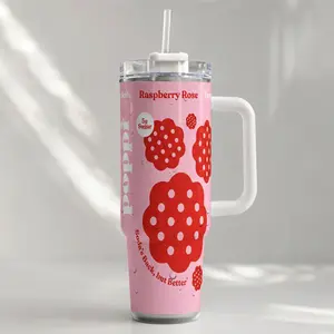 Poppi Soda 40oz Insulated Tumbler With Handle & Straw, Raspberry Rose Prebiotic Soda Fan Stainless Steel Travel Mug, Cute Pink Red Droplets Graphic Cup Gift For Her, Soda's Back But Better Aesthetic Coffee Cup, Trendy Girly Pop Culture Merchandise Gift
