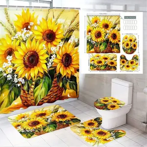 4pcs Sunflower Delight Bathroom Decor Set, Vibrant Shower Curtain, Floral Design,The floor mat fabric is thicker and softer!  Matching Accessories, Natural Inspired Style, Bathroom Decoration Accessories