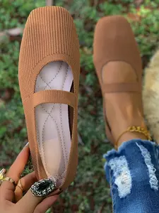 Women's Knitted Striped Mary Jane Shoes Square Toe Casual Trendy Flat Flats Breathable Non-Slip Soft Sole Comfortable Casual Daily Wear Fashion Footwear Versatile Shoes Fashionable Flats