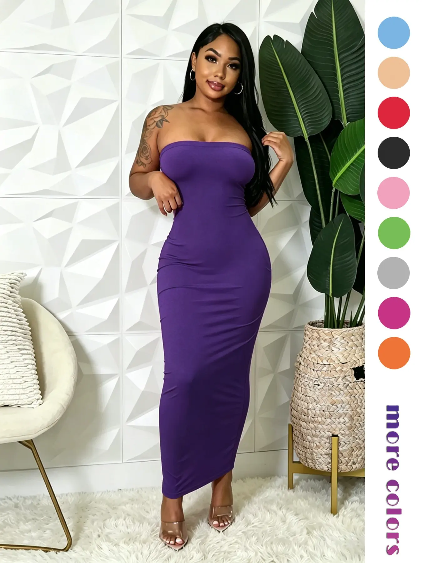 2026 Summer New European Style Multicolor Strapless Bodycon Floor-Length Dress, Slimming Elastic Base Party Evening Gown