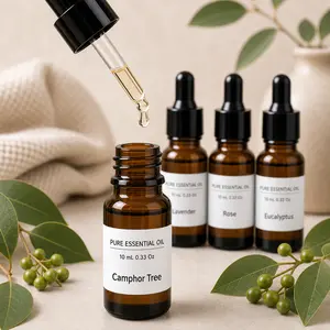 Natural Essential Oil Set (4 Bottles, 10ml Each) - Lavender, Rose, Eucalyptus & Camphor Tree Scent Oils for Diffuser, Calm Sleep, Stress Relief & Room Aromatherapy